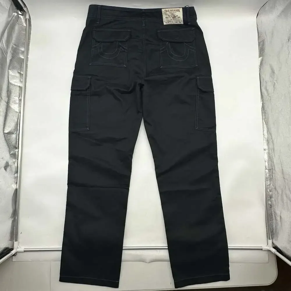 True Religion Size 34 Jet Black Pacific Blue Stitch Flap Baggy Cargo Pants NWT